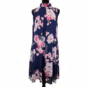 Signature by Robbie Bee Floral Dress | Size 10 | Navy Blue Sleeveless A-Line
